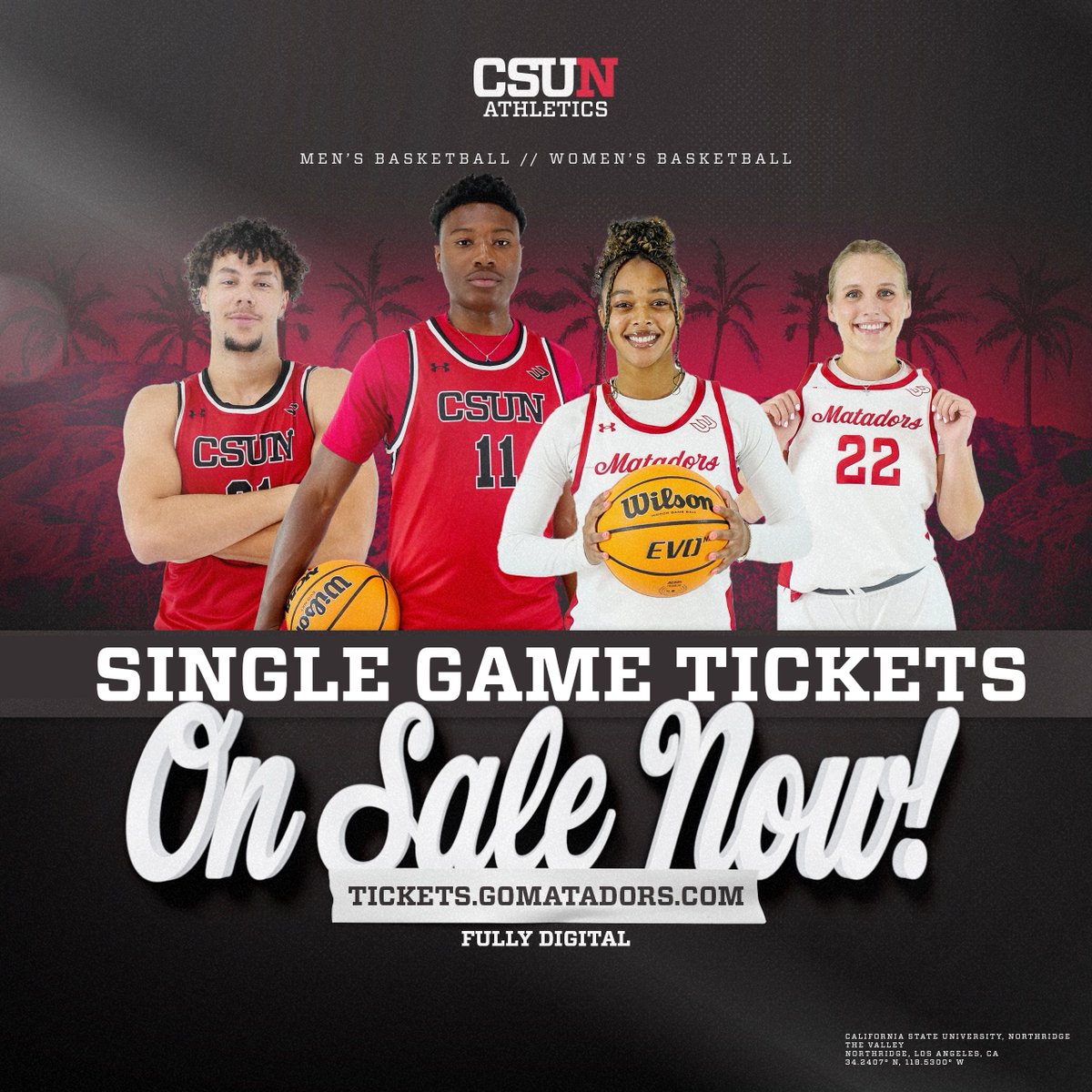GoMatadors's tweet image. Basketball season is right around the corner. ↩️
Single game tickets are on sale now for @CSUNMBB and @CSUNWBB!
🎟️ tickets.gomatadors.com
#GoMatadors