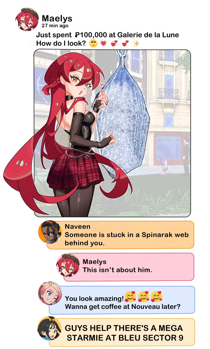 Wanted to draw my PLZA trainer Mae and Team MZ interactions😊👍✨

[Reply as your poke oc reacting to Mae's post🫵🫵👁️👁️]