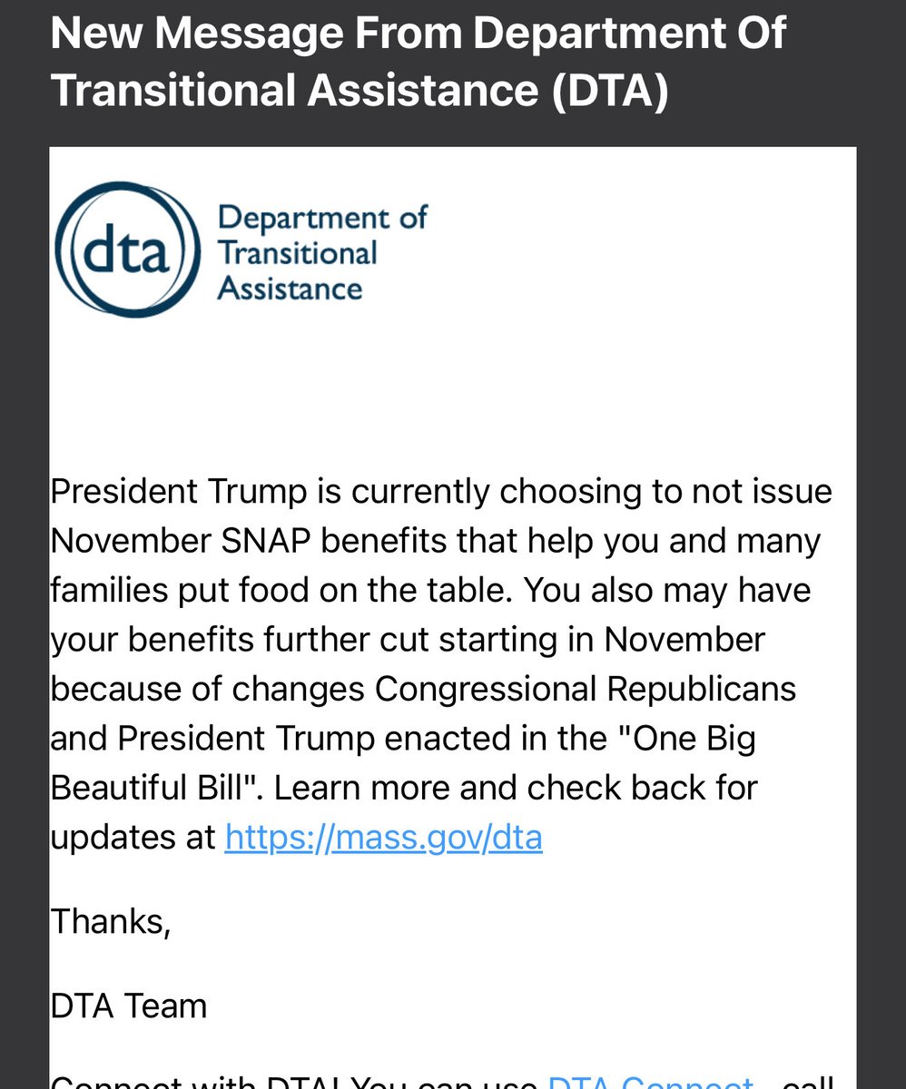 DefNotDarth's tweet image. Several people I know who aren’t even on food stamps are getting this email.

The commonwealth of Massachusetts is using the dept of revenue email list to spam residents to attack the president of the United States with partisan lies.

How’s that legal. Embarrassing blue state.