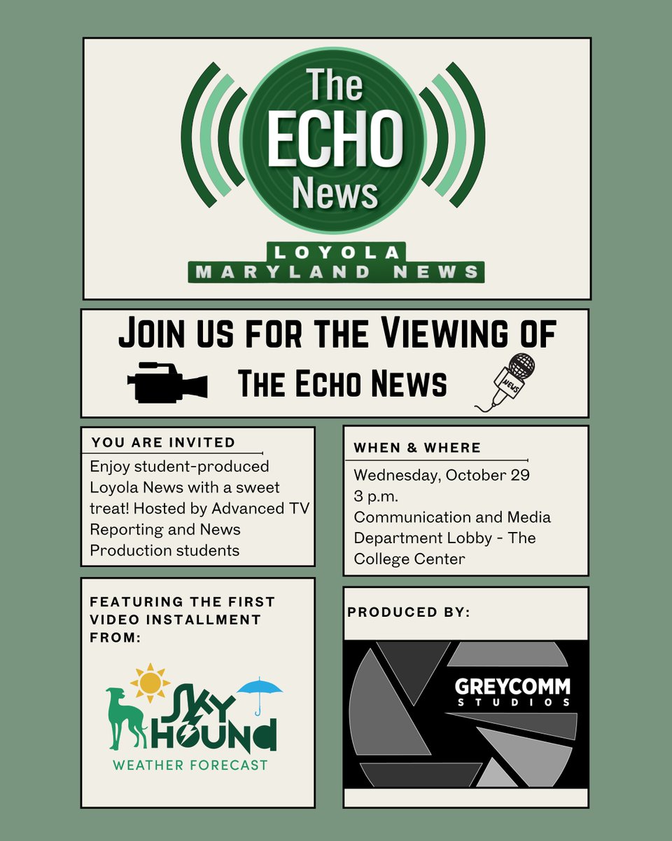 CommPound's tweet image. Experience the debut of The Echo, a student led newscast produced by GreyComm Studios, this Wednesday 10/29 at 3pm in the Communications department. Enjoy snacks and desserts as we all watch history take place!
📆: Wednesday, October 29th 
📍: Comm. Dept. 
🕒: 3 p.m.