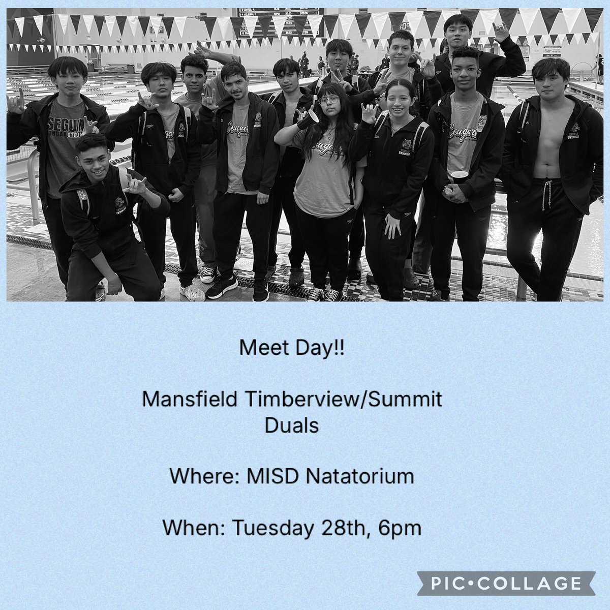 It’s Meet Day! Come cheer on your Swimming  Cougs in Mansfield tonight! <a href="/Seguin_cougars/">Seguin athletics</a> <a href="/JuanSeguinHS/">Juan Seguin HS</a> <a href="/ItsCoachCC/">Coach CC</a> <a href="/AISD_ATH/">Arlington ISD Athletics</a>