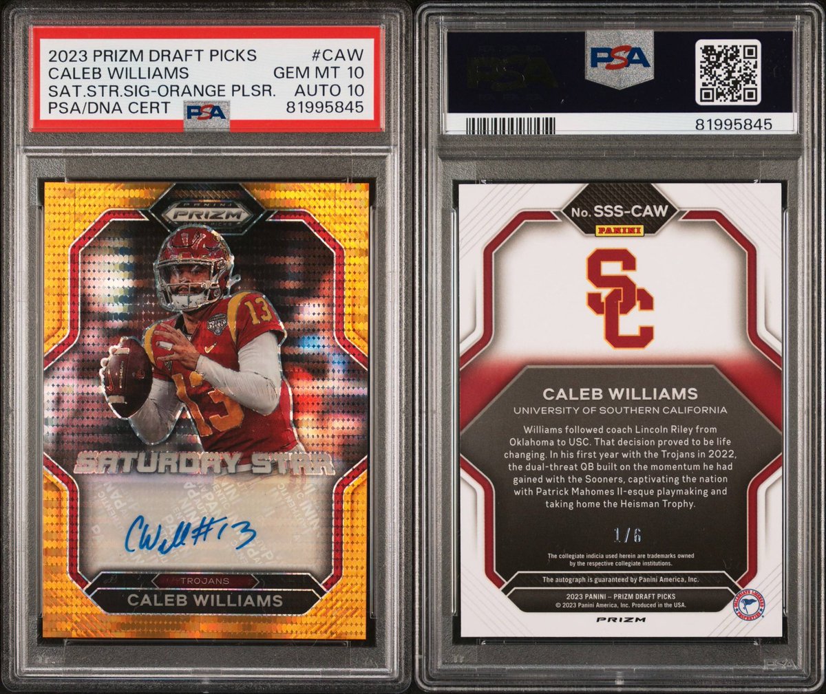 312SportsCards1's tweet image. 🔥 Saturday Star Alert 🔥

2023 Prizm Draft Picks Caleb Williams Orange Pulsar Auto 🧡

💥 PSA 10 / Auto 10 GEM 💎
💥 Only 1/6 SP 🚀

On-card signature from the future of the #DaBears 🐻⬇️

From USC Heisman 🏆 to Chicago’s QB1 — the hobby is watching 📈

#CalebWilliams #Bears…