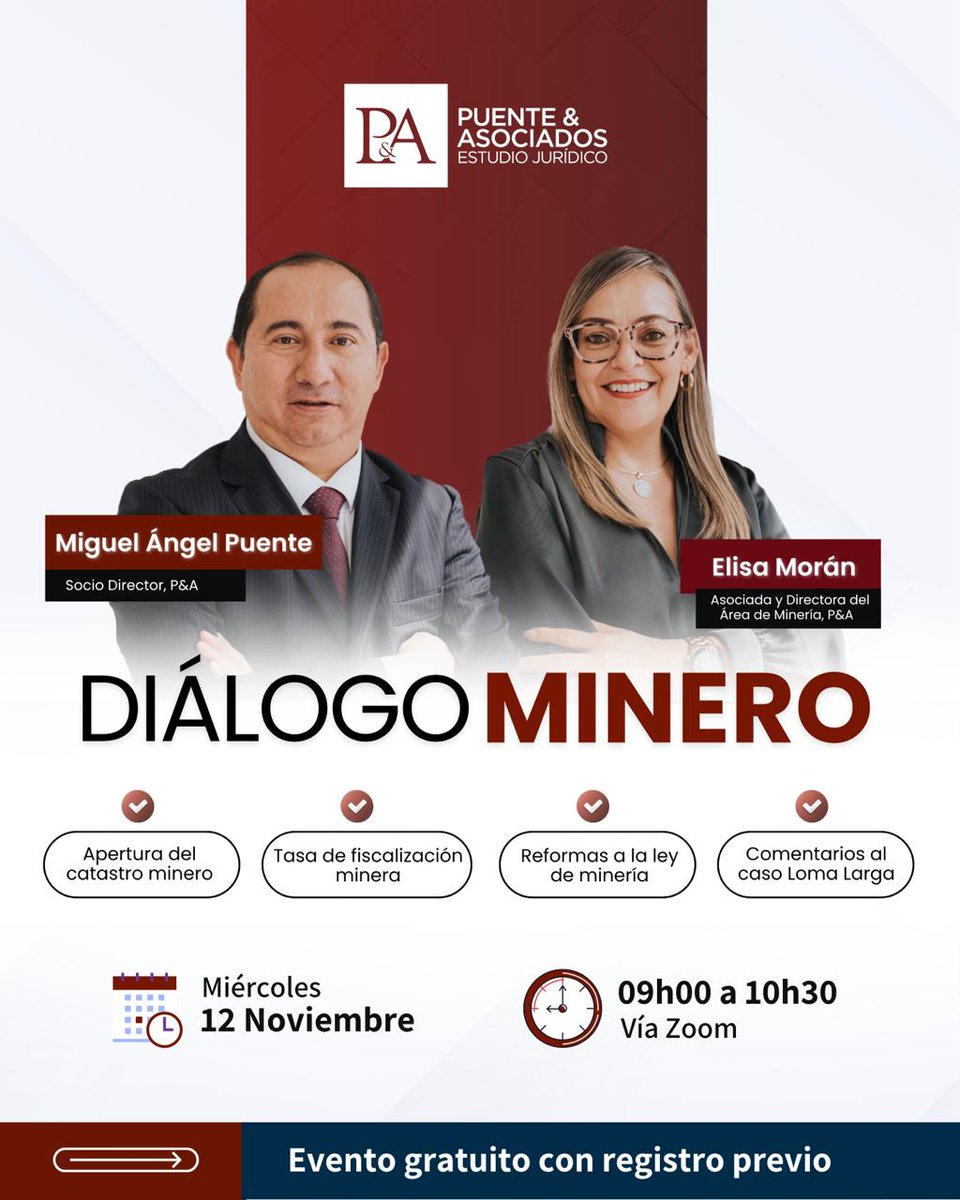 ⛏️ #DiálogoMinero | Webinar Gratuito
📅 Miércoles, 12 de noviembre de 2025
🕘 09h00 – 10h30 (Ecuador)

Análisis sobre los temas que marcarán el futuro de la #MineríaEcuador.

🎙️ Con <a href="/MiguelPuente_A/">Miguel A. Puente</a> y <a href="/elisamoranMA/">Elisa Morán</a> 
💻 Vía Zoom | Registro 👉forms.office.com/r/Ndnx3PziSf

#SiempreCerca