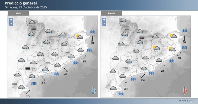 Split-panel image with left side labeled Matí showing gray map of Catalonia with cloud symbols scattered across regions and numbers like 23 and 24 indicating precipitation probabilities in percentages. Right side labeled Tarda displays similar map with added yellow sun symbols and higher numbers like 34 and 36 for afternoon conditions. Bottom right corner features Meteocat logo.