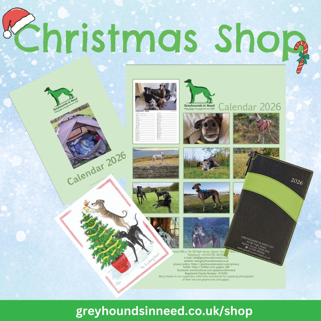 Calendars, diaries, Christmas cards and more available in our online shop. Help a greyhound in need 💚 
greyhoundsinneed.co.uk/product-catego…
A huge thank you for supporting GIN - every donation really does help a greyhound in need x #greyhound #galgo #rescuedogs #fundraising #CharityTuesday