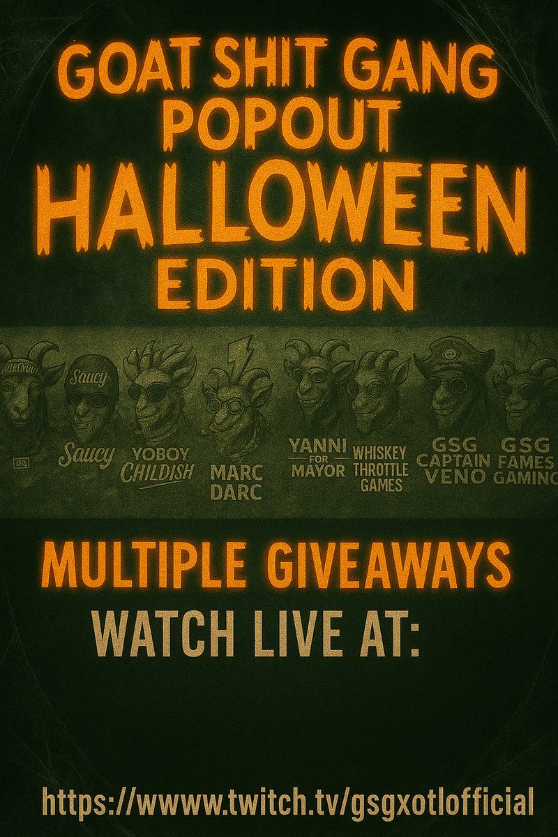 GSGxOTL's tweet photo. 👻 GSGxOTL Halloween Pop-Out!
🗓️ Oct 31 | 9PM EST
🎁 Giveaways + chaos w/ the GOAT crew!
🎥 https://t.co/CRlK5l81Gp
#GSGxOTL #Twitch #HalloweenEditio https://t.co/toRaILnqWn