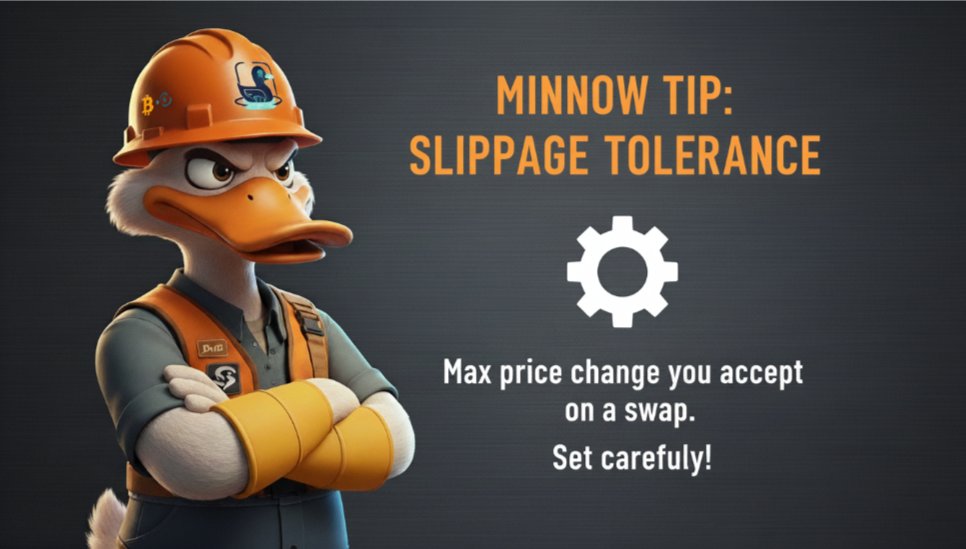 DeFi Minnow Tip: 
What is Slippage Tolerance? 

When you swap tokens, the price might change slightly before your order fills. Slippage tolerance is the maximum % price change you're willing to accept. Set it too high (5%+), and you risk getting a bad price ("front-run"). Set it