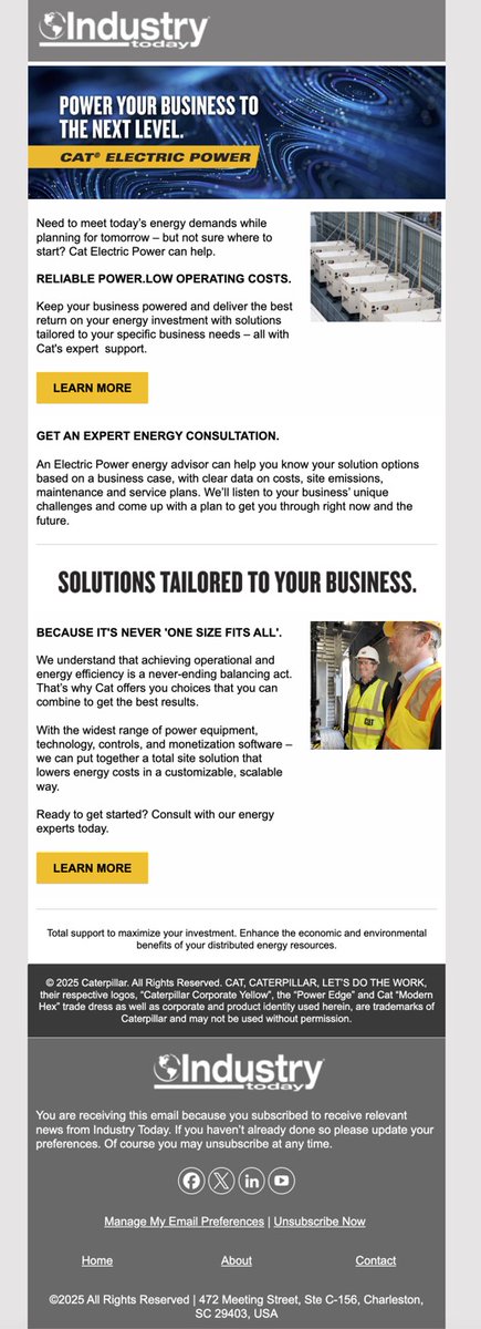 Ind_today's tweet image. 🔌 Staying ahead of power challenges? Explore how CAT Electric Power solutions help businesses keep operations energized and maximize ROI. 

Read more 👉 industrytoday.com/energy-news-ca…

 #ElectricPower #EnergySolutions #BusinessContinuity #IndustrialEnergy #CatPower