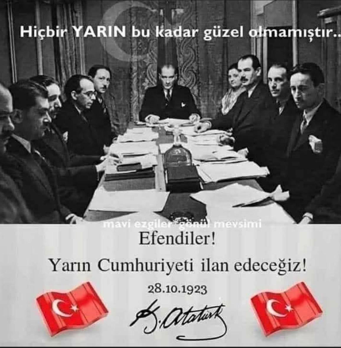 “Bugün ulaştığımız sonuç, yüzyıllardan beri çekilen ulusal yıkımların yarattığı uyanıklığın ve bu sevgili yurdun her köşesini sulayan kanların karşılığıdır.
Bu sonucu, Türk gençliğine kutsal bir armağan olarak bırakıyorum." 

#29Ekim
#Cumhuriyet
#MustafaKemalAtatürk

#🇹🇷🇹🇷🇹🇷