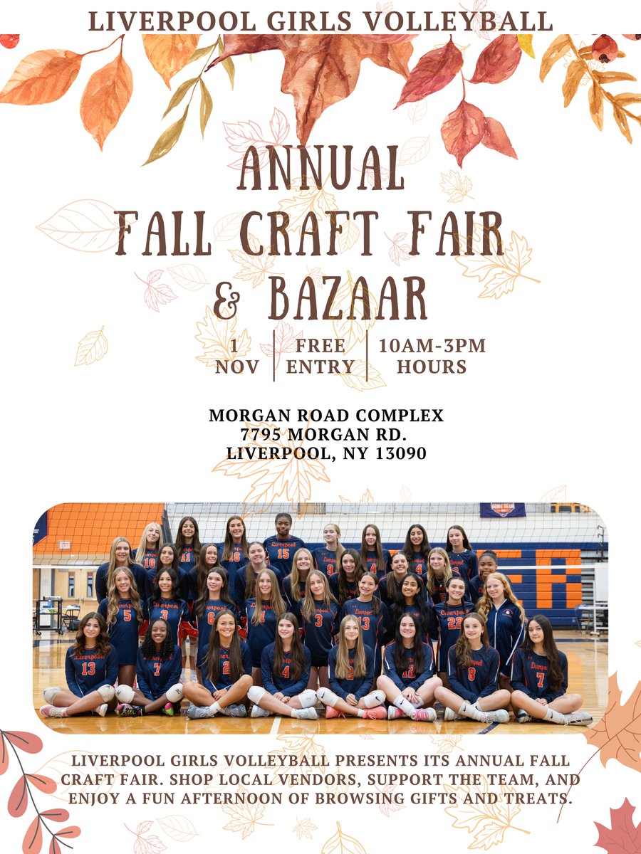 LCSDOfficial's tweet photo. The Liverpool Girls Volleyball Program will host its annual Fall Craft Fair and Bazaar on November 1, from 10 a.m. to 3 p.m., at the Morgan Road Complex. Shop local vendors, support the team and enjoy a fun afternoon of browsing gifts and treats. Admission is free. https://t.co/bgbYzPysrS