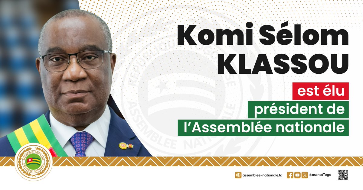 Le Professeur <a href="/KSKlassou/">Komi Selom Klassou</a> est élu ce mardi 28 octobre 2025, Président de l’Assemblée nationale Togolaise, à l'unanimité des députés présents (109 voix), conformément à l’article 15 du règlement intérieur. 

Il devient le 15e Président de la Représentation nationale dans l'histoire