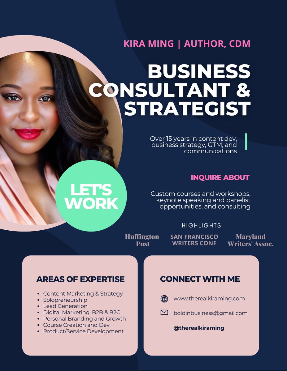 therealkiraming's tweet image. 🌐 therealkiraming.com
📧 boldinbusiness@gmail.com
📱@therealkiraming

Grab your copy of my book Small Business, Big Success here ⬇️📚📌
amazon.com/Small-Business…

#author #businesstips #gtmstrategy #businessstrategy #contentmarketing #solopreneurship #leadgen #businessbuilding
