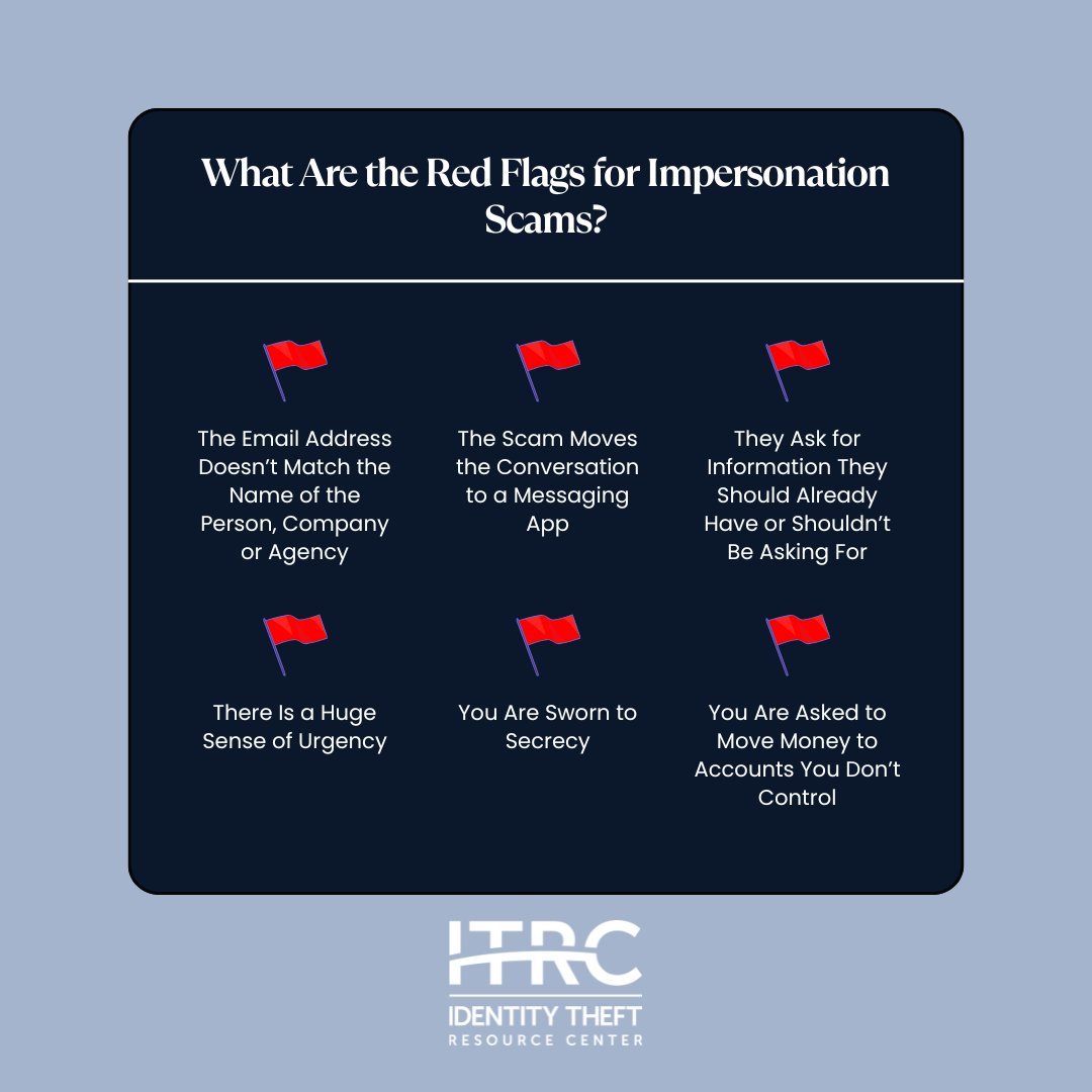 Spot red flags early. Impersonation scams often start with messages that seem trustworthy — but small details give them away. If something feels off, don’t engage. Verify directly with the source. Visit here for more info on how to protect your identity: idtheft.center/3JnjEFX