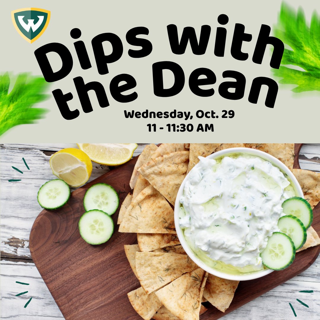 All #SocialWorkWarriors are invited to Dips with the Dean this Wednesday, Oct. 29 from 11–11:30 AM in the Community Room! Chat with Dean Kubiak, connect with peers &amp; enjoy tzatziki + pita 🥙 No agenda—just conversation &amp; connection. Register: events.wayne.edu/socialwork