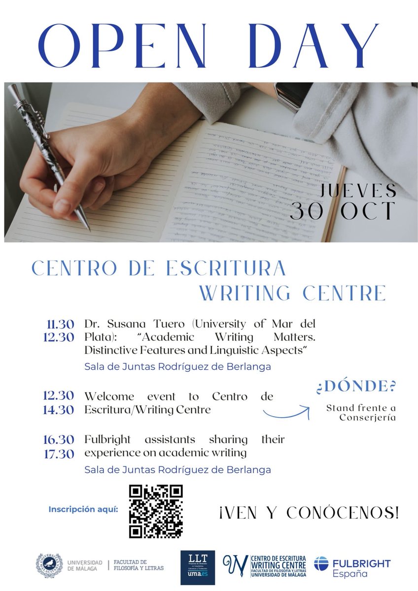 assemblagelit's tweet image. Join us for this year’s Open Day at the Writing Center/Centro de Escritura! Dr. Susana Tuero and several Fulbright assistants will share their insights and experiences in academic writing. We’ll meet at Sala de Juntas @LetrasUma on Thursday, Oct 30! More info below! ⬇️