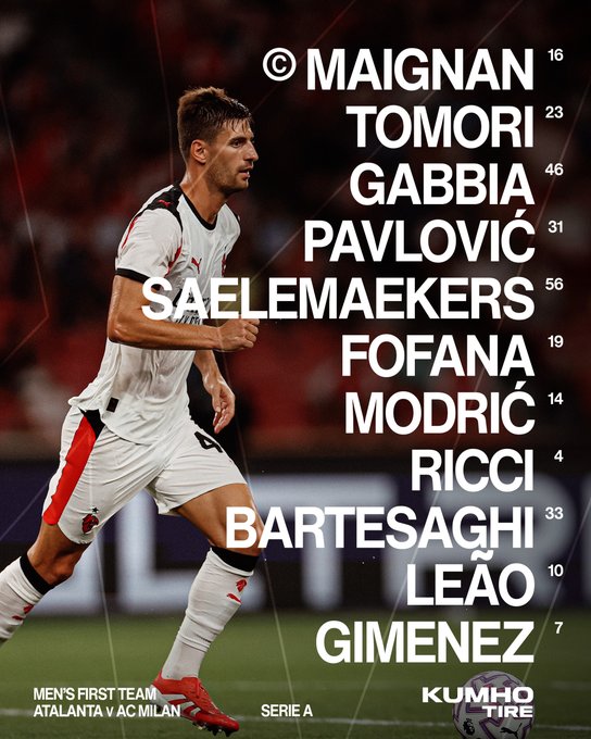 Graphic overlay on a soccer field image shows AC Milan players in red and white uniforms running with a ball. Player names and numbers listed: Maignan 16, Tomori 23, Gabbia 46, Pavlovic, Saelemaekers 56, Fofana 19, Modric 14, Ricci 4, Bartesaghi 33, Leao 10, Gimenez 7. Text indicates Mens First Team for Atlanta vs AC Milan in Serie A sponsored by Kumho Tire.