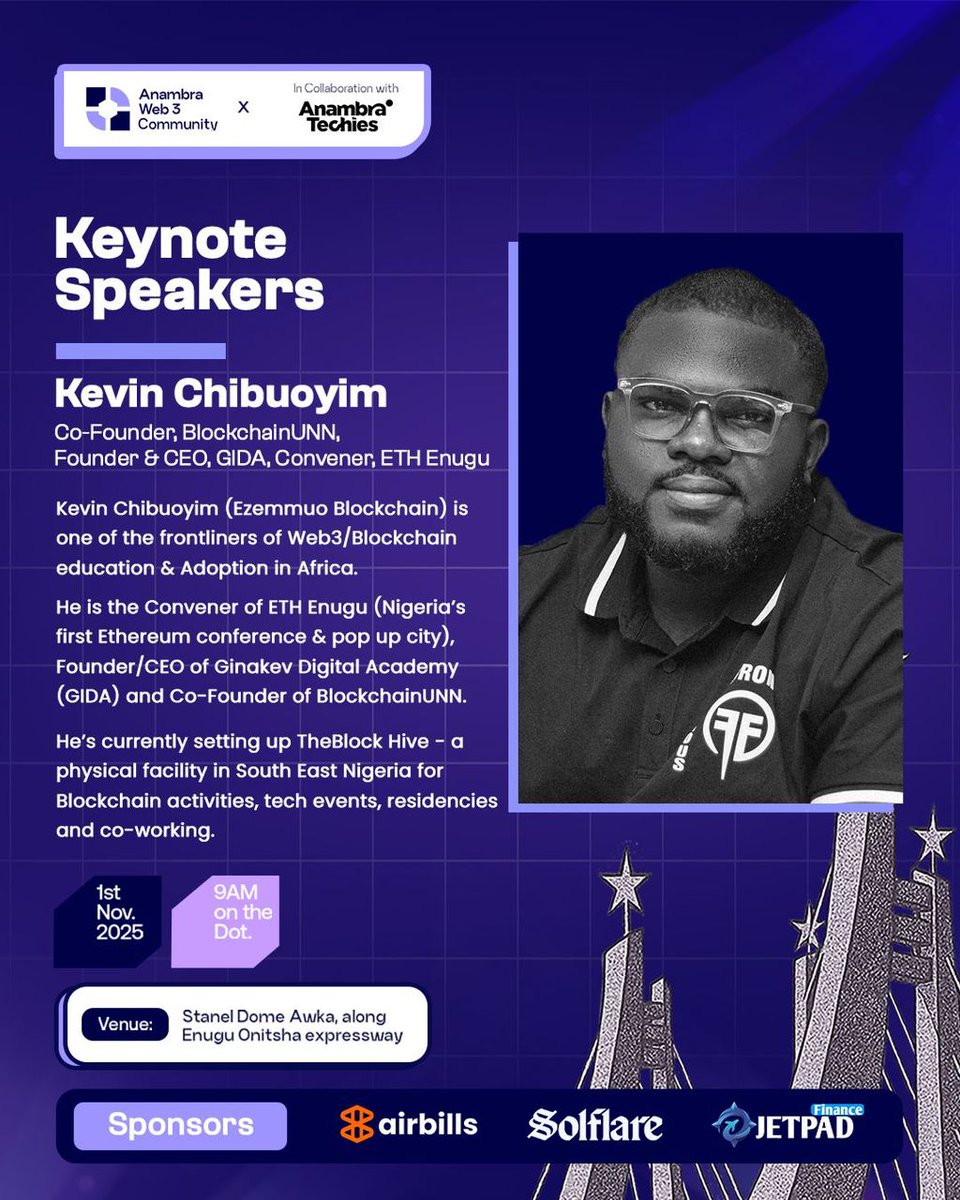 Official_GIDA's tweet image. Thrilled to mention @Official_GIDA is partnering to bring the Web3 energy to Anambra with the @anambraweb3conf conference this November🔥🔥.
Our Founder & CEO, @kevin_chibuoyim will be speaking there LIVE too.
Join us this Sat, 1st Nov 2025, 9:00 AM WAT in Awka.
Reg:…