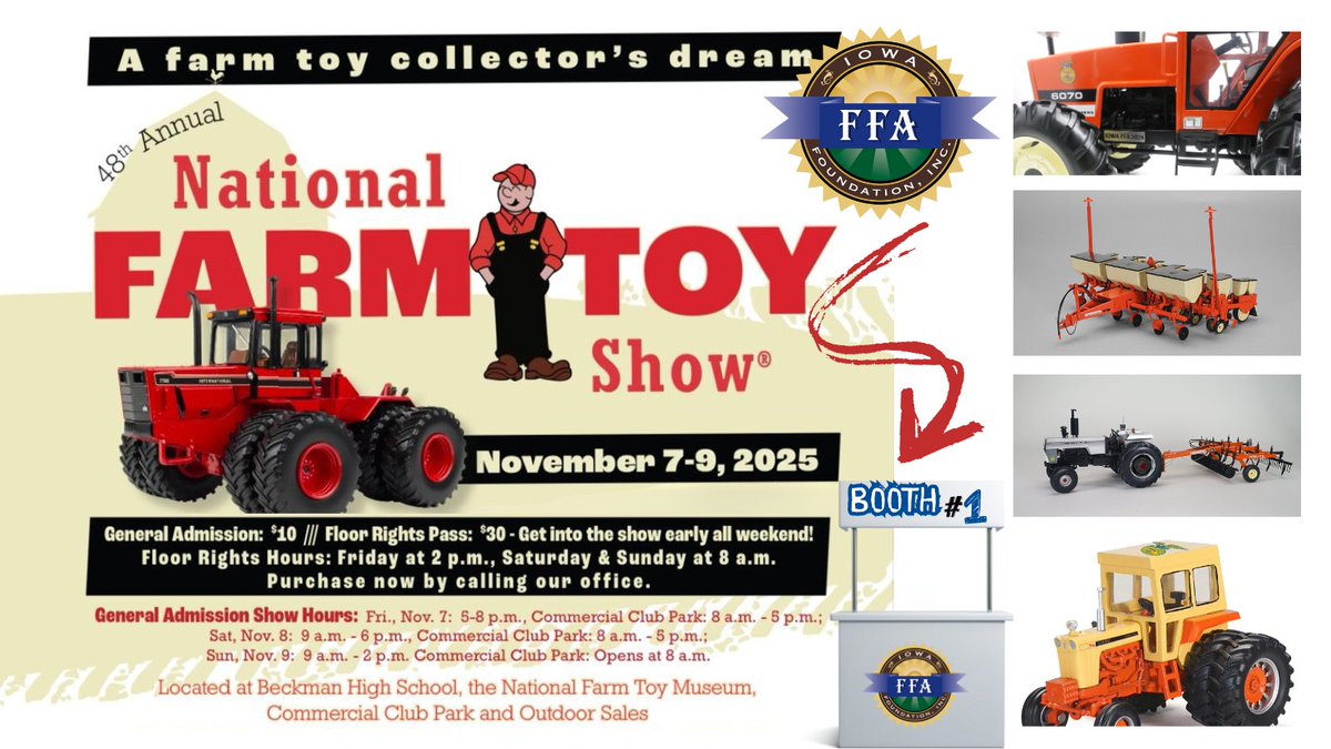 IAFFAFoundation's tweet image. 🚜 See us at the 48th Annual National Farm Toy Show!
📍 Booth #1 | Nov. 7–9, Dyersville, IA

Featuring exclusive Iowa FFA collector models:
🔸 1/16 Allis Chalmers 6070
🔸 1/16 White 2-150 (pre-sale)
🔸 1/64 Case 930

Free shipping + FFA box! 💙💛 #FFA #FarmToys
