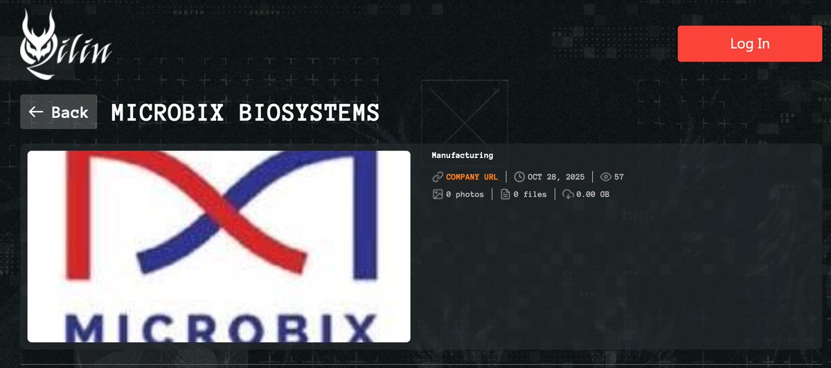 #Qilin #ransomware group has added Microbix Biosystems, Inc. (<a href="/Microbix/">Microbix</a>) to its list of potential victims. Based in #Canada 🇨🇦, it is a biotechnology company that produces biological materials and antigens.

#TSE $MBX

Stay informed, monitor cyber threats, and sign up for free on