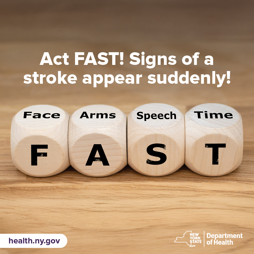 Know the signs of a stroke so you can act F.A.S.T. to save a life:
 ⚠️Face drooping
⚠️Arms weakness
⚠️Speech difficulty
⚠️Time to all 9-1-1
More information: health.ny.gov/diseases/cardi…