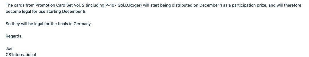 RoronoahTCG's tweet image. UPDATE: Promo Roger P-107 will be tournament legal for the EU finals in Düsseldorf, according to an email from CS International, the tournament organizer of the event. This has not been publicly announced yet. 

Will we get a more diverse meta with UP Luffy and Roger?