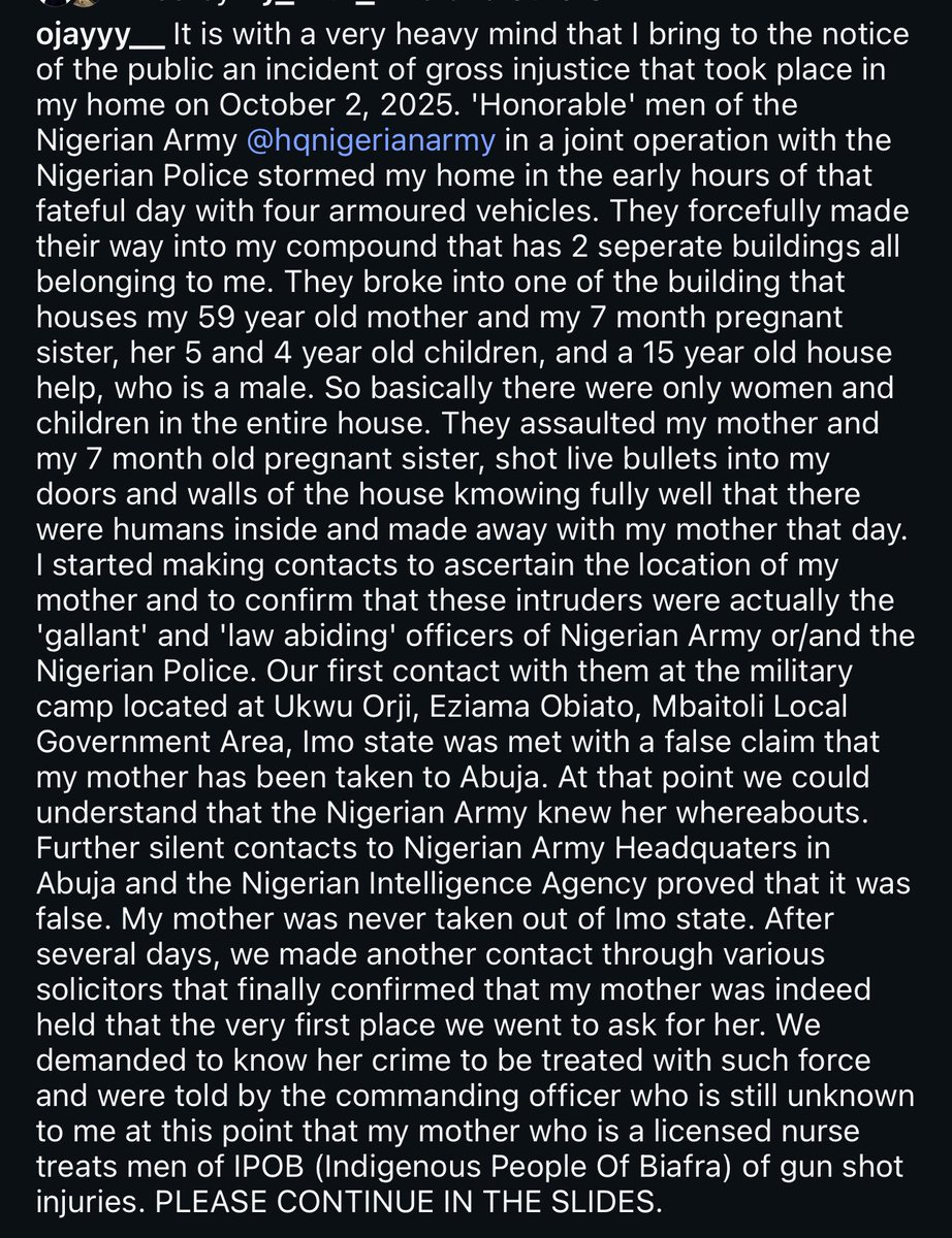 Dear Nurses and everyone 

I just heard the most heart breaking story that no human should ever have to go through. An elderly Registered Nurse was picked up by <a href="/HQNigerianArmy/">Nigerian Army</a> men and it was the most horrible description I’ve ever read.
Kindly retweet immediately you see this!