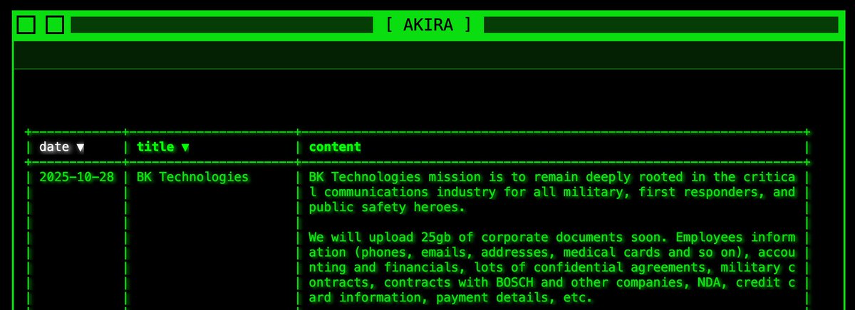 #Akira #ransomware group has allegedly #hacked 🇺🇸 BK Technologies Corp. (<a href="/BKTechUSA/">BK Technologies</a>), which designs, manufactures, and supplies wireless communication equipment for public safety, military, and industrial markets.

#NYSE $BKTI

Stay informed, monitor cyber threats, and sign up