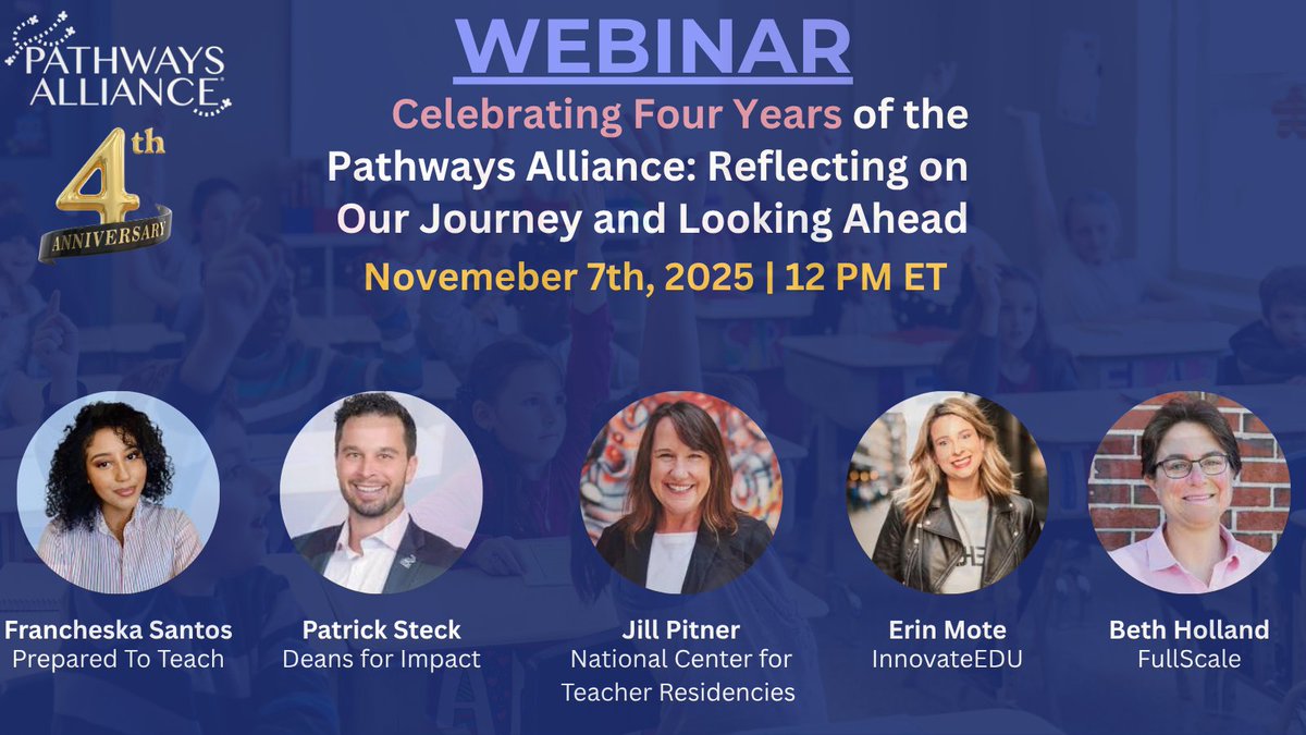 Join us on November 7th (12–1 p.m. ET) for the Pathways Alliance 4th Anniversary Webinar, featuring reflections from founding partners <a href="/NCTResidencies/">NCTR</a> , <a href="/deansforimpact/">Deans for Impact (DFI)</a> , <a href="/PreparedToTeach/">Prepared To Teach</a> , and <a href="/fullscale/">fullscale</a> .
Register: us06web.zoom.us/webinar/regist…
 #PathwaysAlliance #EducatorPathways