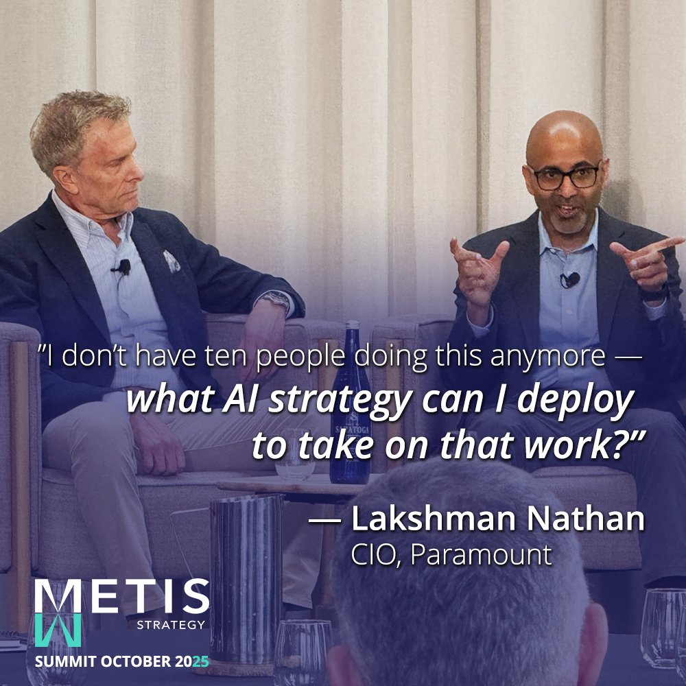 “I don’t have ten people doing this anymore — so what AI strategy can I deploy to take on that work?”
— Lakshman Nathan, CIO, <a href="/ParamountPics/">Paramount Pictures</a>

At the #MetisStrategySummit, Lakshman shared how #Paramount is using AI to bridge talent gaps and sustain momentum after its merger with