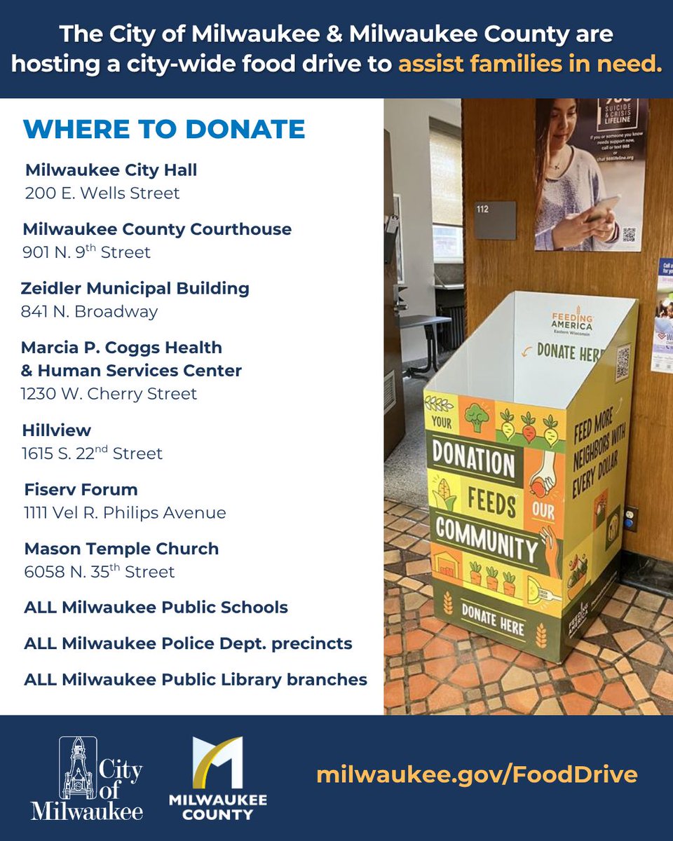 FOODSHARE UPDATES: City, County, MPS, Bucks, Faith Leaders &amp; Partners Launch Food Drive to Support Residents Affected by FoodShare Interruption - 
The food drive has begun and continues until benefits are restored. For donation &amp; assistance info,  visit: city.milwaukee.gov/Health/Service…
