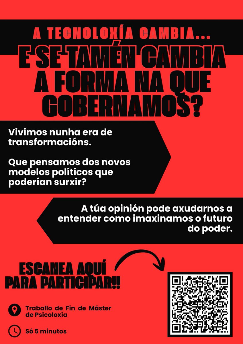 lusiloou's tweet photo. Ola! Chámome Lucía e estou recopilando información para o meu TFM sobre cómo variables relacionadas co descontento político en España influirían na preferenza por sistemas políticos innovadores. 
Se o podes cubrir e difundilo axudasme moito👉🏻👈🏻 Son só 5min https://t.co/69XCkmA9KM https://t.co/Z8sHV5iE4b