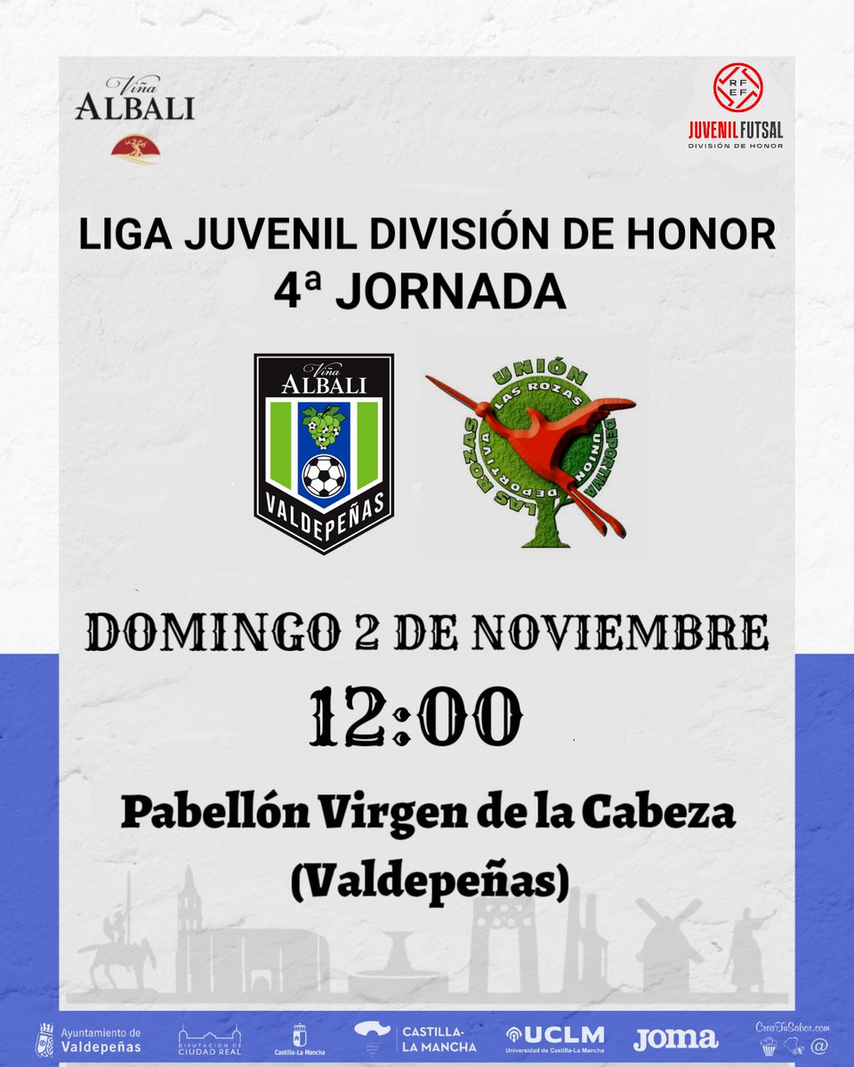 🔵 JUVENIL DH 🔵 

➡️ Semana de puente de los Santos, donde sólo jugará el Juvenil División de Honor.

🗓️ Domingo 2 de noviembre 
🕔 12:00
🏟️ Virgen de la Cabeza 
🆚 UD Las Rozas