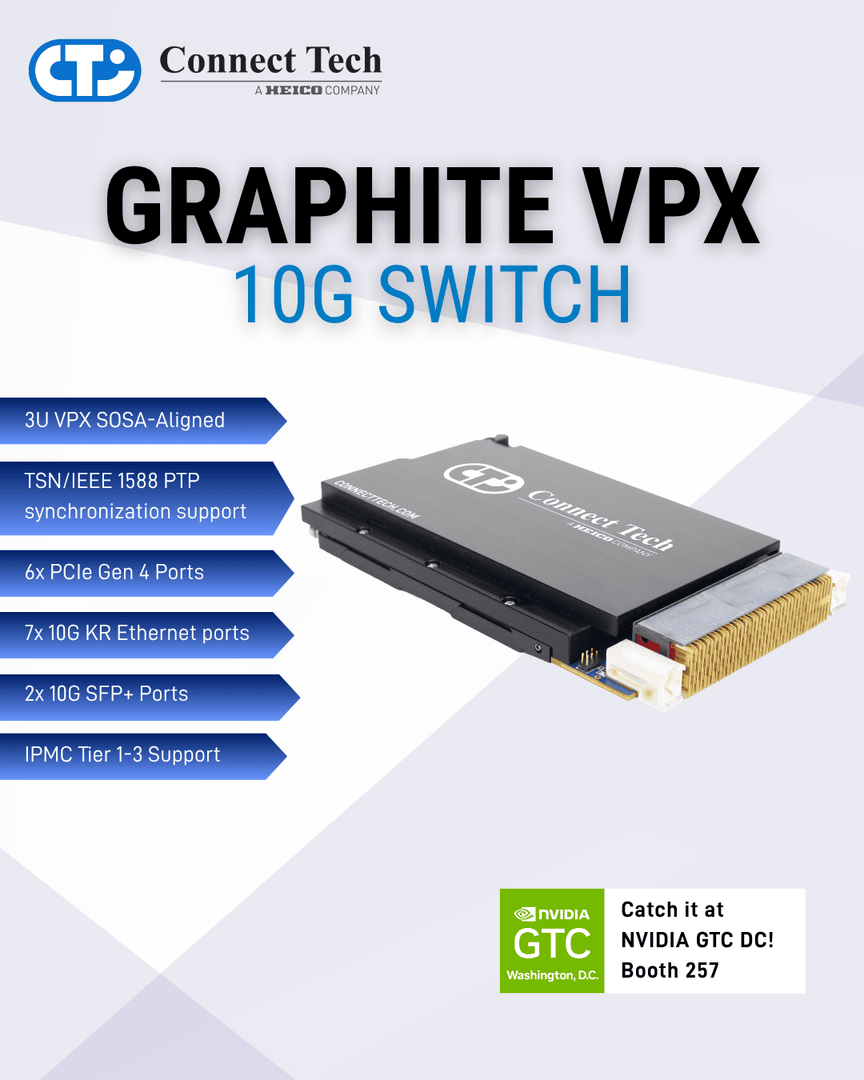ConnectTechInc's tweet image. Introducing the Graphite VPX 10G Switch: SOSA-aligned 3U VPX PCIe and 10 Gb Ethernet switch engineered for the deterministic, time-synchronized data movement required in modern public sector and autonomous systems. 

connecttech.com/graphite-vpx-1…

👉 Find out more at #GTCDC, Booth 257