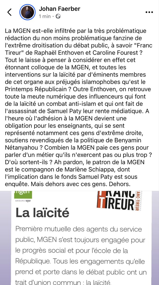La MGEN est-elle infiltrée par la rédaction problématique du fanzine très problématique de l’extrême droitisation du débat public, à savoir Franc Tireur ? Que font à la MGEN ces gens qui ont fait de l’assassinat de Samuel Paty leur rente médiatique ?