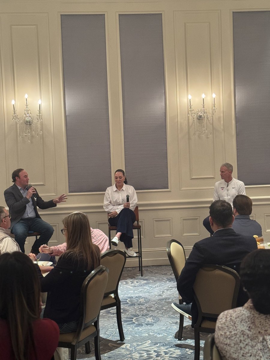 Such a privilege to have both <a href="/Coach_Enfield/">Andy Enfield</a> and <a href="/AdiaBarnes/">ADIA BARNES COPPA</a> speak to our members today. Be sure buy your season tickets to <a href="/SMUBasketball/">SMU Basketball</a> and <a href="/SMUWBB/">SMU Women's Basketball</a> now because both teams will be Tournament bound! #GoMustangs #PonyUp. Big shout out to our moderator <a href="/BillyEmbody/">Billy Embody</a>