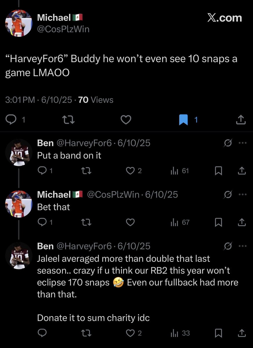 Well <a href="/CosPlzWin/">Michael🇲🇽</a> are you a man or a mouse? 

If RJ Harvey got 0 snaps from Week 9 through Week 18, he would average 9.3 snaps per game on the season.

As for the $1,000 bet we had, throw it at St Jude’s Childhood Cancer Charity. It would host 40 “No More Chemo” parties.  Thank you