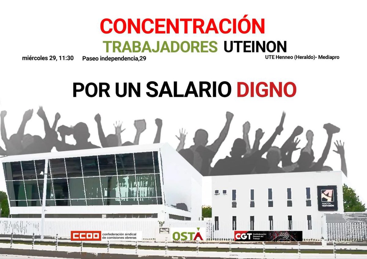 Mañana los trabajadores de la UTE formada por Henneo (Heraldo) y Mediapro se manifiestan en defensa de un salario digno y la mejora de las condiciones de trabajo.

🗓️Miércoles 29/10.
⏰11.30h.
📍Paseo Independencia, 29.

¡Todo nuestro apoyo!