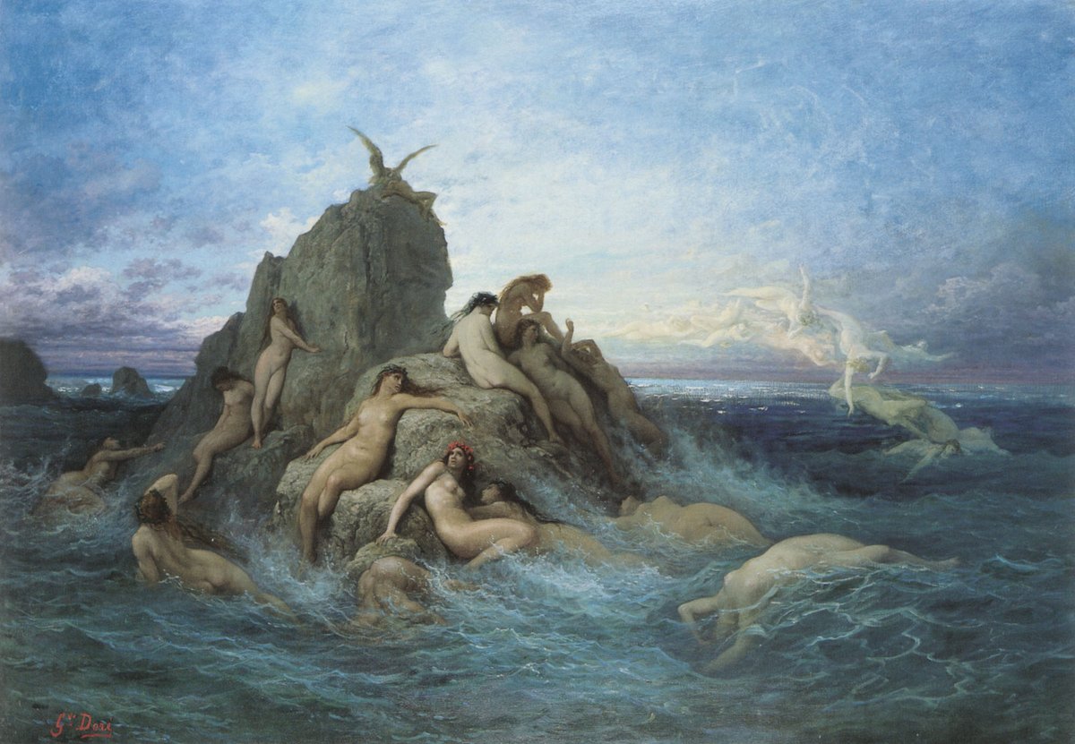 "Les Oceanides /Les Naiades de lamer (The Oceanids / The Naiads of the Sea)" - Gustave Doré (ca. 1860 - 1869). In the private collection of the artist Dorothea Tanning. #art #fineart #painting #oceanids #prometheus #greek #mythology #ancient #tragedy #nymphs #ocean #sea #private
