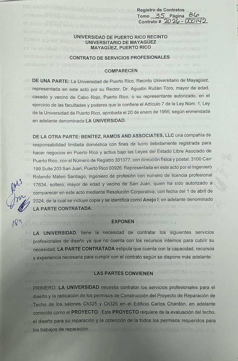 El Recinto Universitario de Mayagüez formaliza un contrato de diseño para atender las deficiencias estructurales que presenta el techo del edificio Dr. Carlos Chardón.