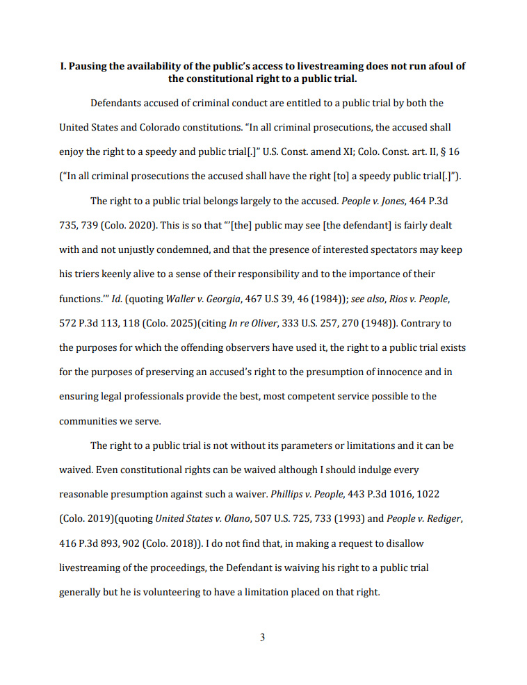 MattBlacInc's tweet photo. THE PEOPLE OF THE STATE OF #COLORADO v. #BARRYMORPHEW
aka #LEEMOORE #BRUCE #LEE
ORDER GRANTING DEFENDANTโS UNOPPOSED MOTION TO CEASE UNMONITORED LIVESTREAM OF COURT PROCEEDINGS (D-009)
Judge Amanda Hopkins
#JusticeForSuzanneMorphew ๐๐
pages 10 https://t.co/XlWhbTBHOB