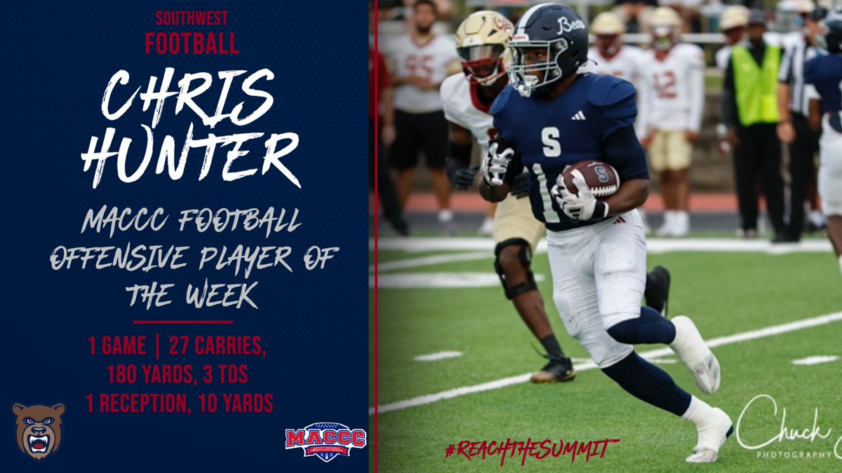 CONGRATULATIONS to Bear Football's Chris Hunter who was named MACCC Conference Football Offensive Player of the Week! 

#BiteDown🐻
#ReachTheSummit⛰️