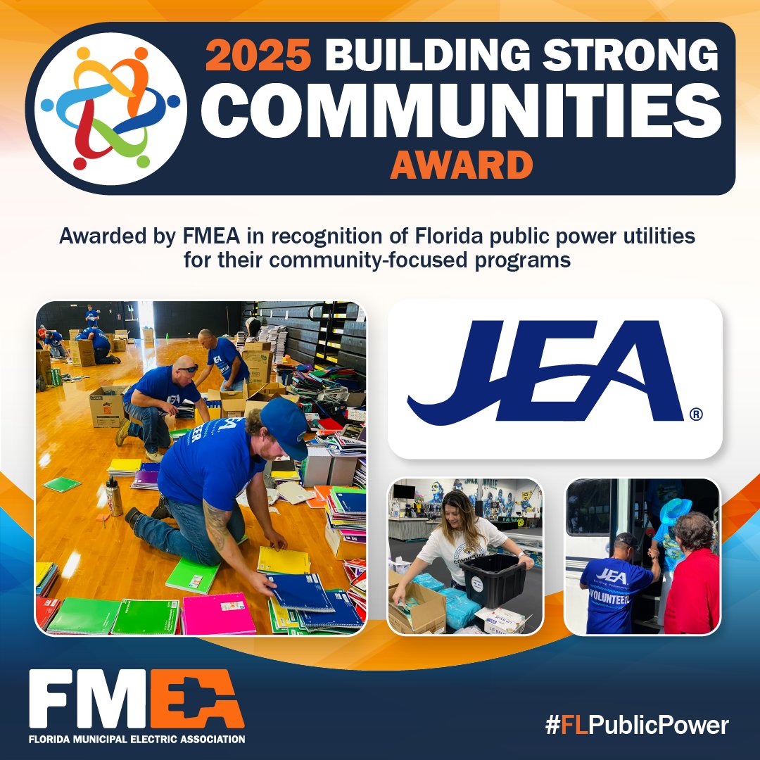 NewsfromJEA's tweet image. JEA is proud to be among the 19 Florida #PublicPower communities receiving @flpublicpower Building Strong Communities Award, recognizing #FLPublicPower’s efforts to enhance the quality of life in our communities and make our communities vibrant places to live. #BuildingCommunity