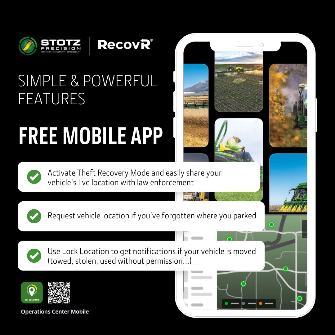 🔒 Protect Your Equipment with RecovR
Keep track of your assets anytime, anywhere — right from your phone.  Simple. Powerful. Secure.
Contact your local Stotz Equipment dealer or Precision Ag rep today to learn more about RecovR and how it integrates with your John Deere