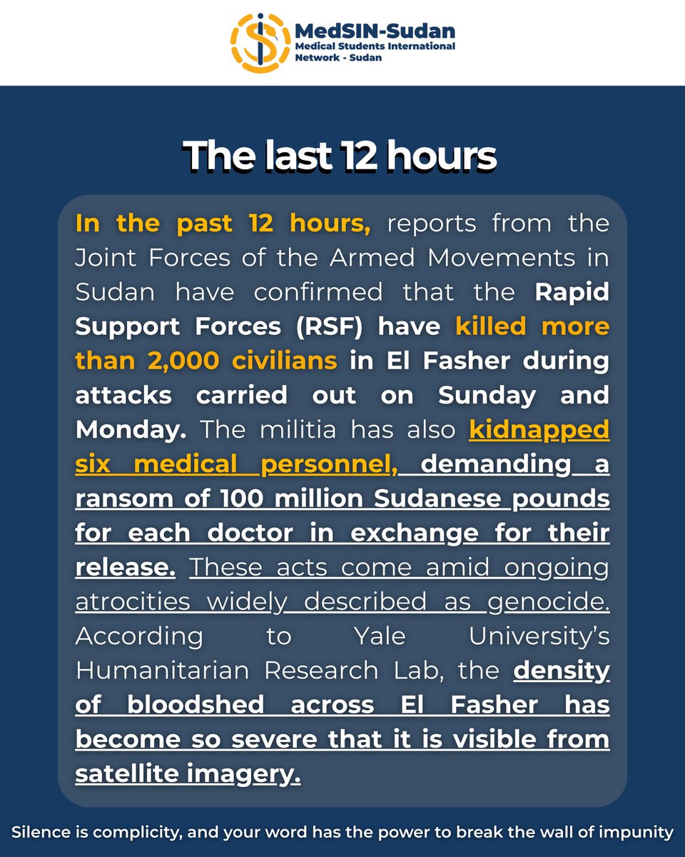 MedsinSudan's tweet photo. doctors kidnapped.
Every moment of silence costs another life.
We call for the immediate lifting of the siege, protection of civilians, safe humanitarian access, and accountability for perpetrators.

The world can no longer claim ignorance.
#ElFasherGenocide https://t.co/p7jgru0dtx