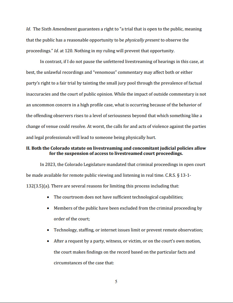 MattBlacInc's tweet photo. THE PEOPLE OF THE STATE OF #COLORADO v. #BARRYMORPHEW
aka #LEEMOORE #BRUCE #LEE
ORDER GRANTING DEFENDANTโS UNOPPOSED MOTION TO CEASE UNMONITORED LIVESTREAM OF COURT PROCEEDINGS (D-009)
Judge Amanda Hopkins
#JusticeForSuzanneMorphew ๐๐
pages 5-8 https://t.co/9rwV3TyUJH