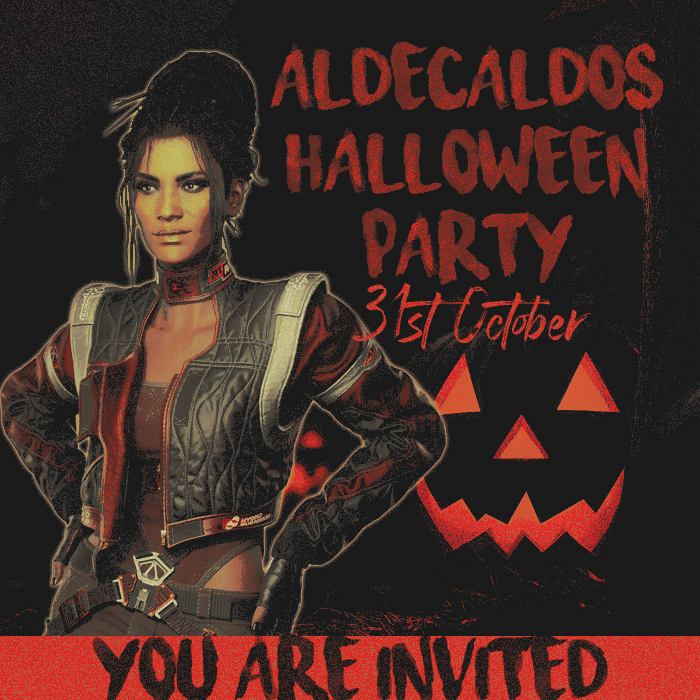 Distributing flyers around, handing one to the reader.

Bring booze and bring your costume, best dressed wins! The Aldecaldos will be waiting!