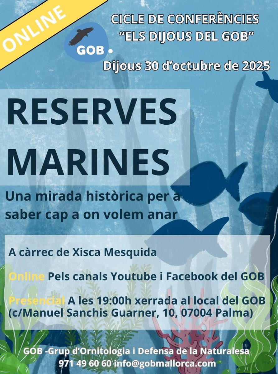🌊Nova conferència dels #DijousdelGOB, en la qual xerrarem sobre les reserves marines, tot aprofitant la campanya que tenim en marxa "Ni un pas enrere amb les reserves marines de les Illes Balears". Si encara no has signat, pots fer-ho a: chng.it/bgzg9pFyFM.

Us hi esperam!