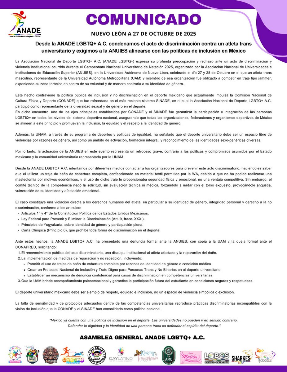 NO más transfobia en el deporte en México. Los estereotipos de género y la falta de políticas claras y respetuosas contribuyen a la marginación de la comunidad trans.@anuies @conapred @anadelgbt @inde.nl @uanlred @deporteunam