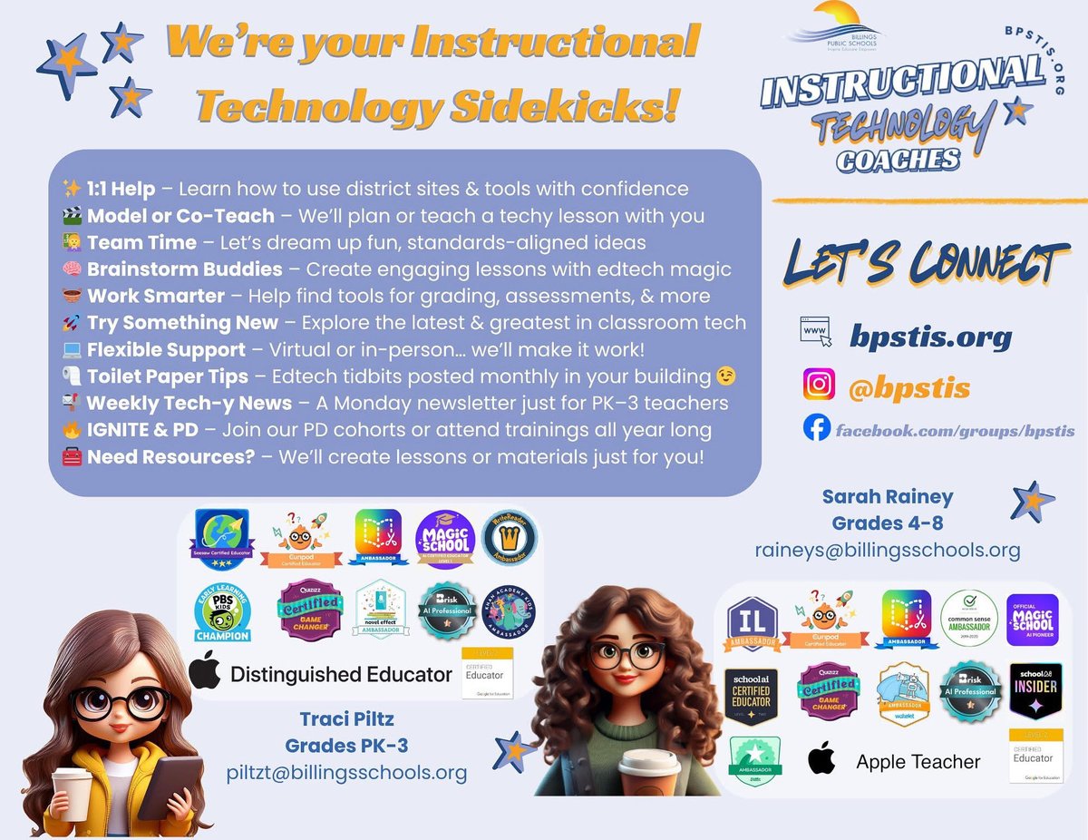 We are your instructional technology sidekicks! 💥 We love helping our teachers in Billings Public Schools purposefully use technology to help engage learners, make their workload more efficient, and encourage kids to CREATE to show their thinking &amp; learning. 🩵🧡💛
