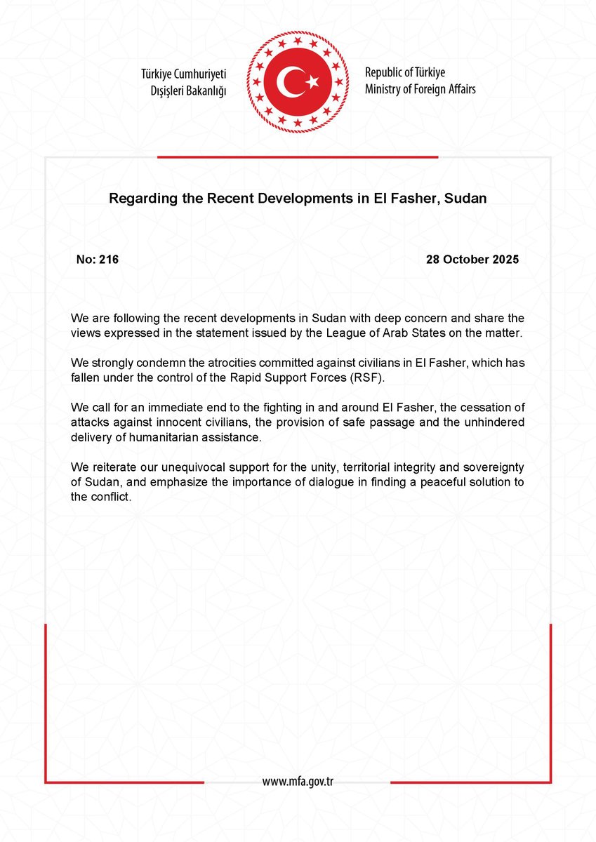 Regarding the Recent Developments in El Fasher, Sudan mfa.gov.tr/no_-216_-sudan…